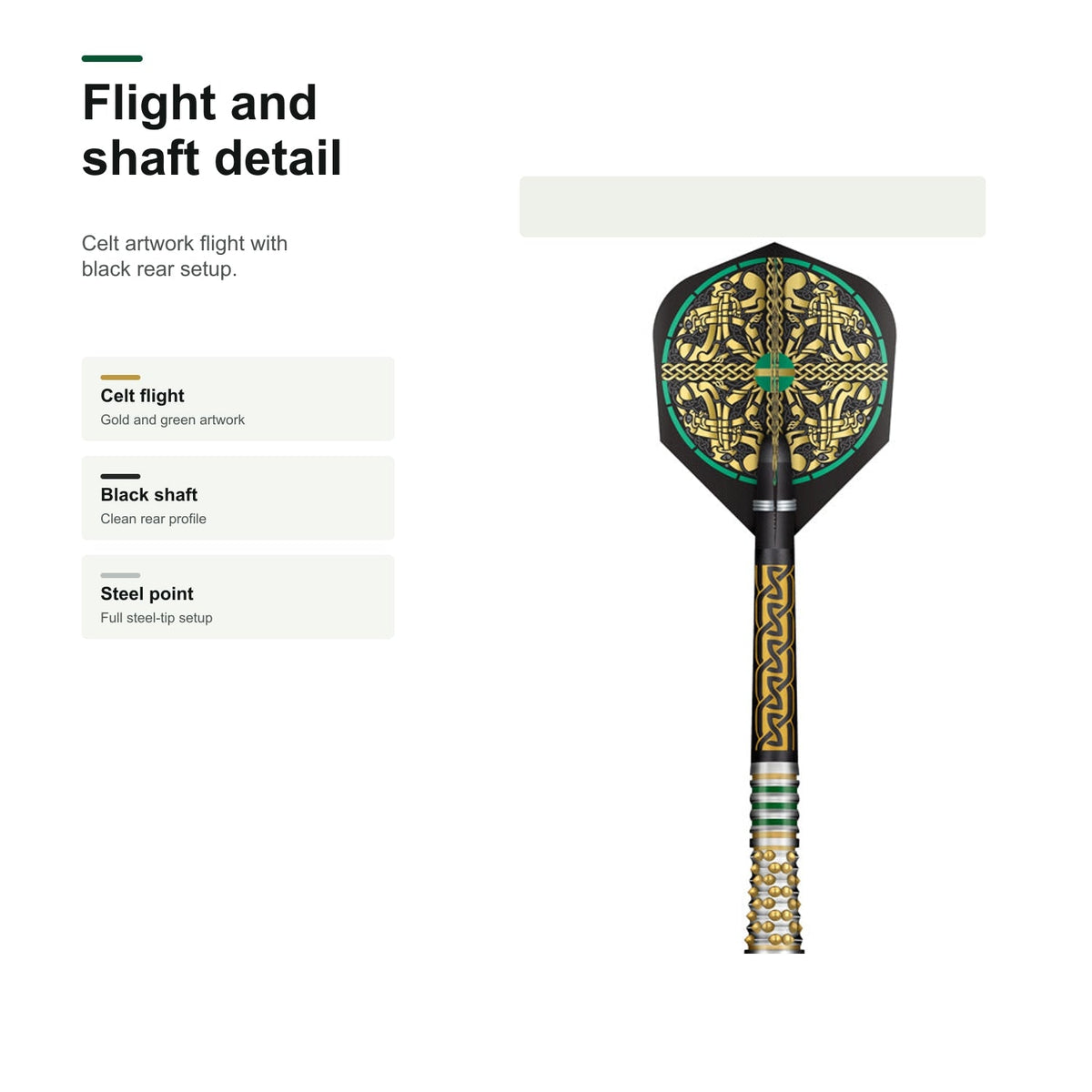 Shot Celt Cernunnos 90% Steeltip darts - flight and shaft detail