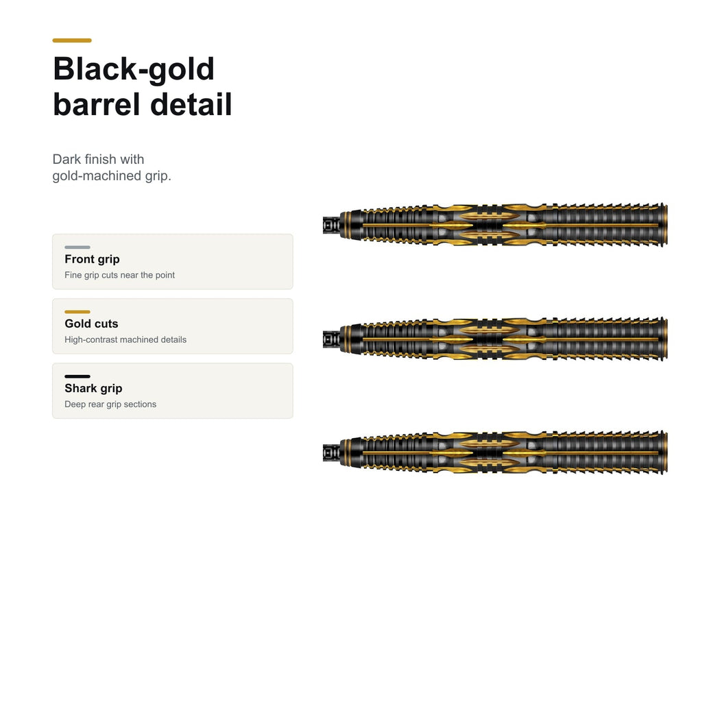 Shot Devon Peterson The Greatness 90% steeltip darts black gold barrel detail