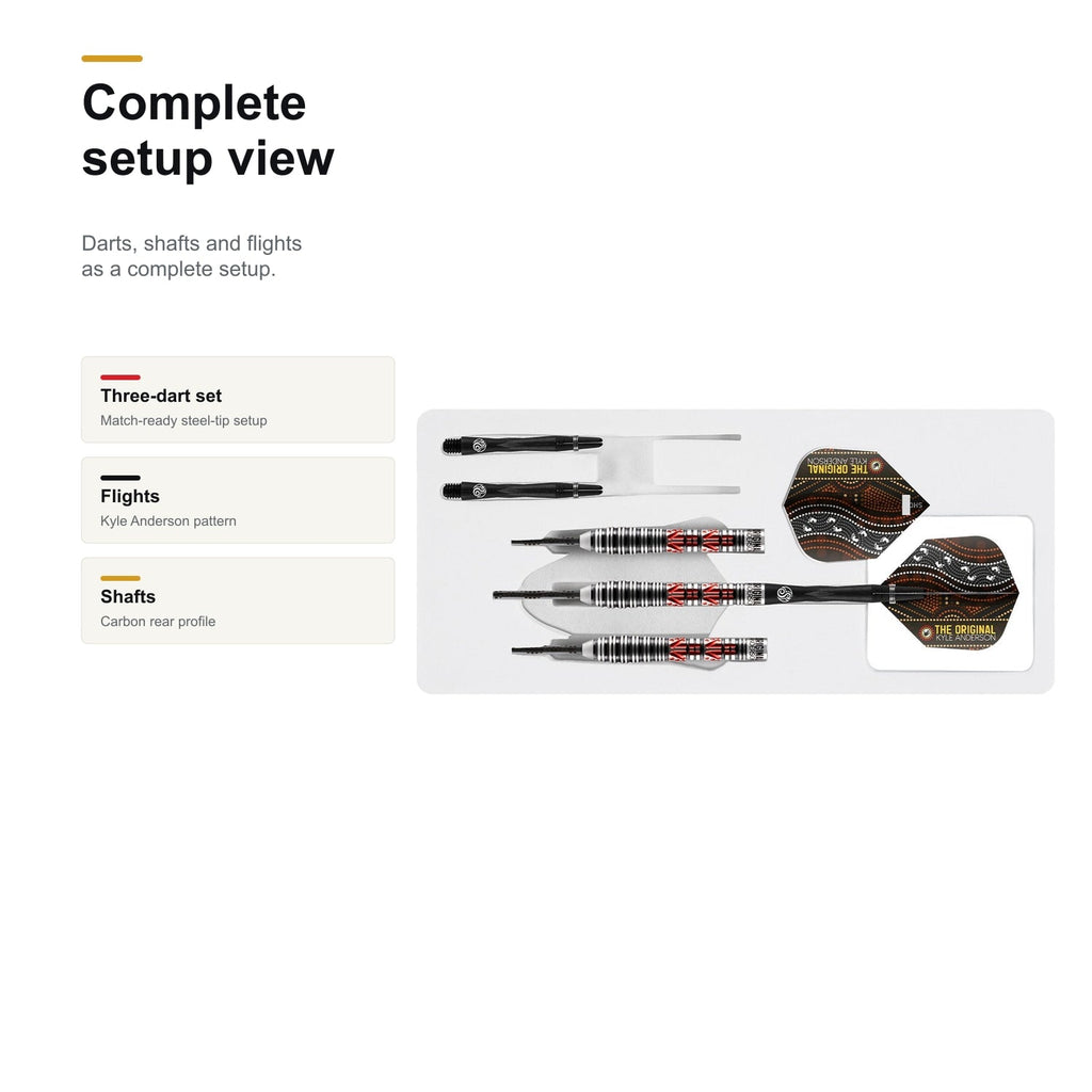 Shot Kyle Anderson The Original 90% Steeltip darts complete setup view