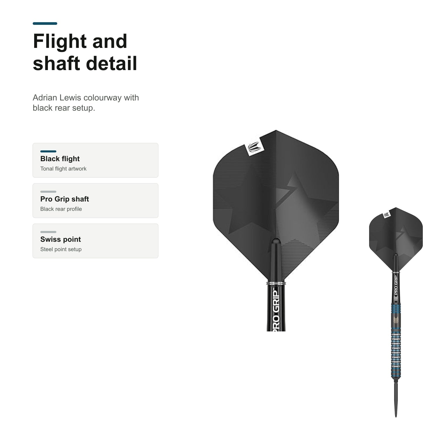 Target Adrian Lewis Black 90% Swiss flight and shaft detail