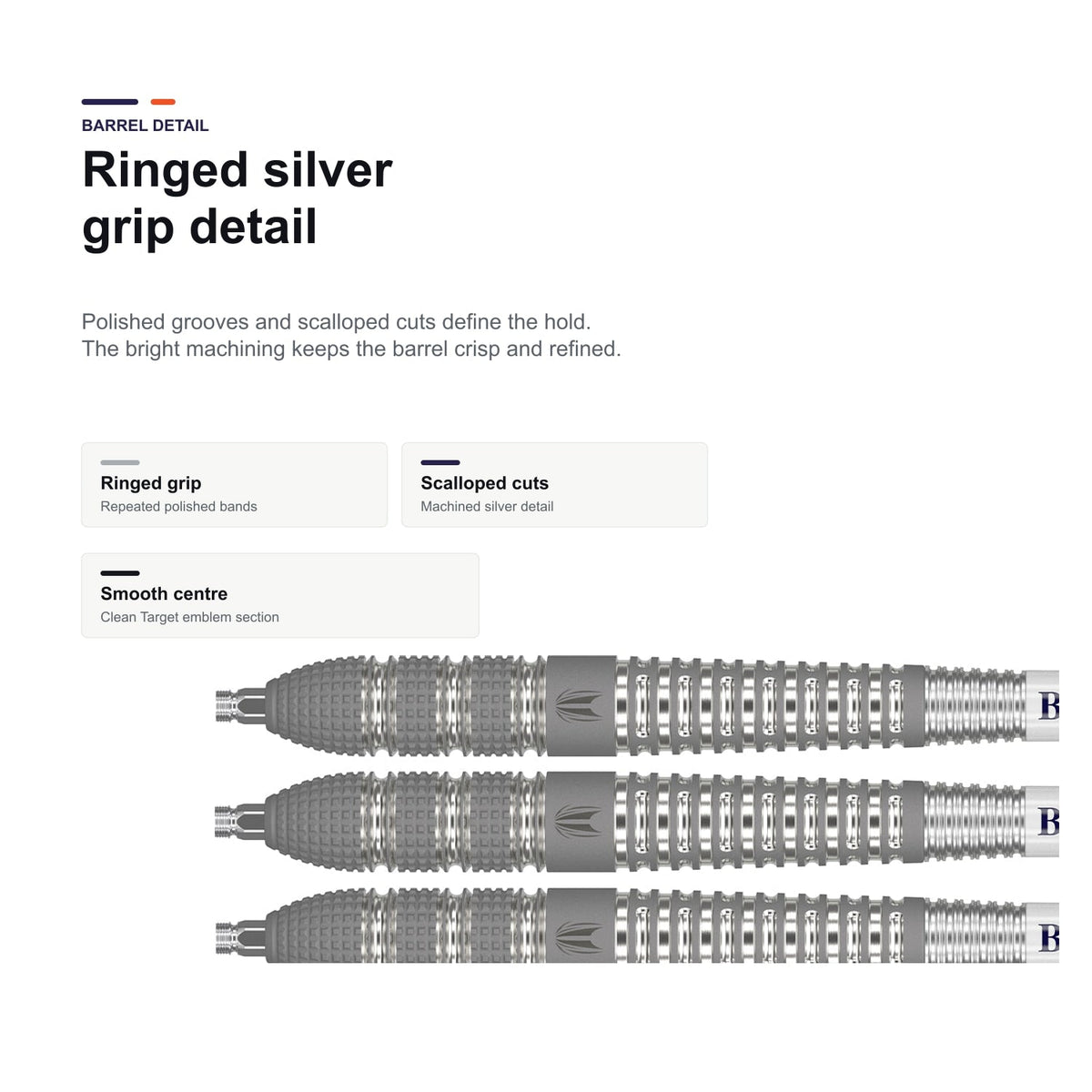 Target Raymond van Barneveld Barney 25 95% Swiss ringed silver grip detail