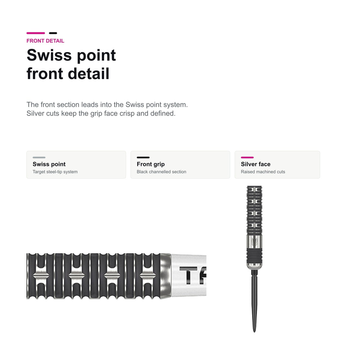 Target Chris Dobey Hollywood Action 90% Swiss Tip Swiss point front detail