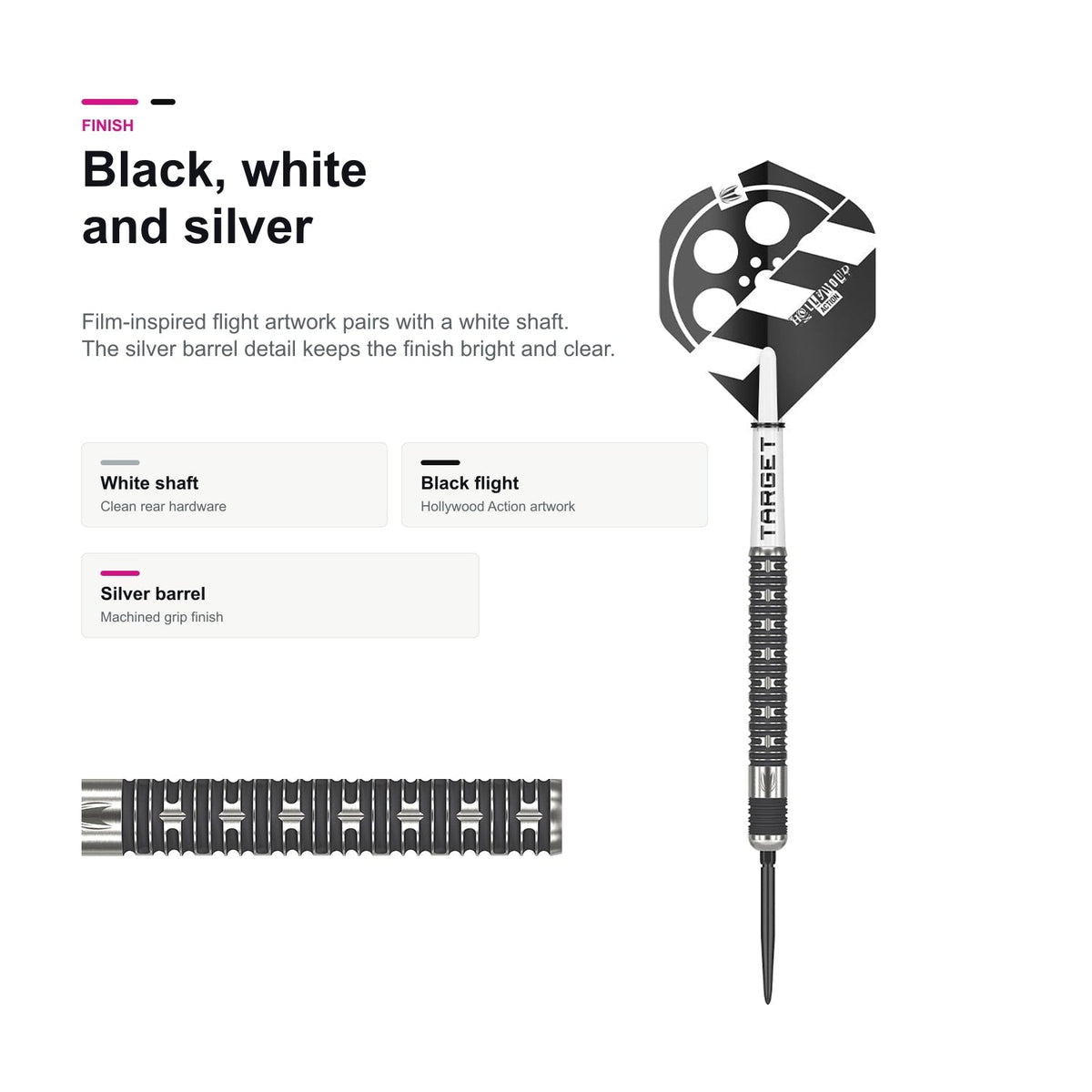 Target Chris Dobey Hollywood Action 90% Swiss Tip black white silver finish