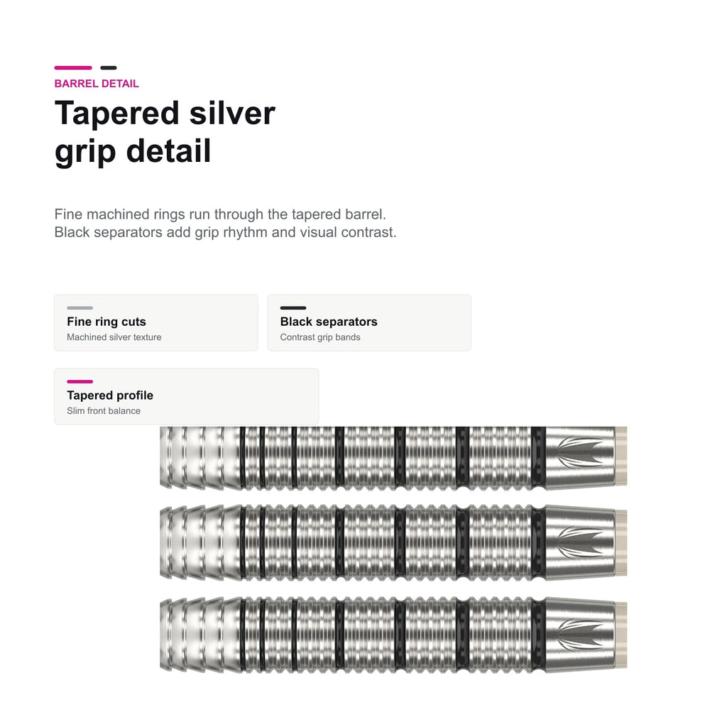 Target Exo 02 90% Swiss tapered silver grip detail