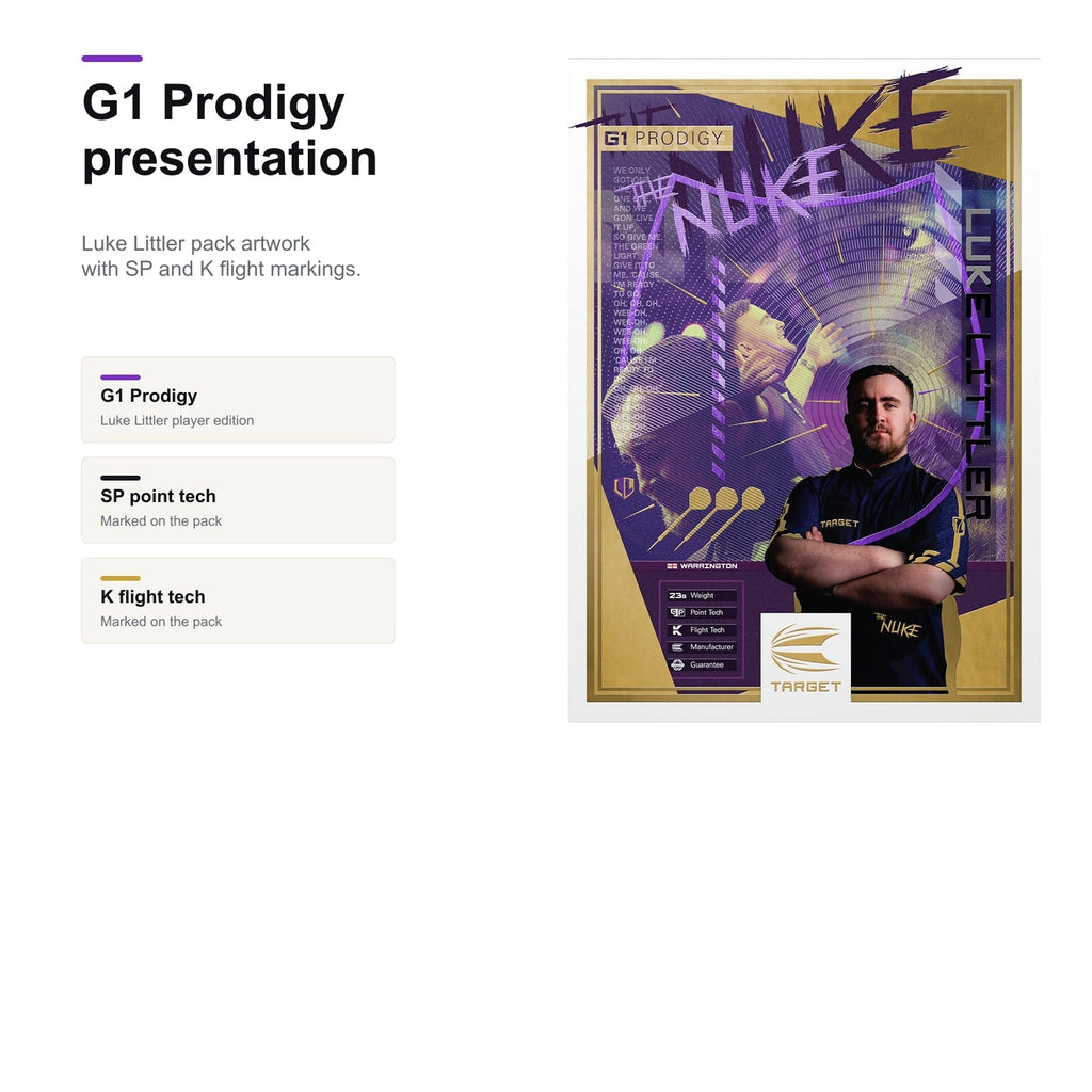 Target Luke Littler G1 Prodigy 95% SP darts G1 Prodigy presentation image