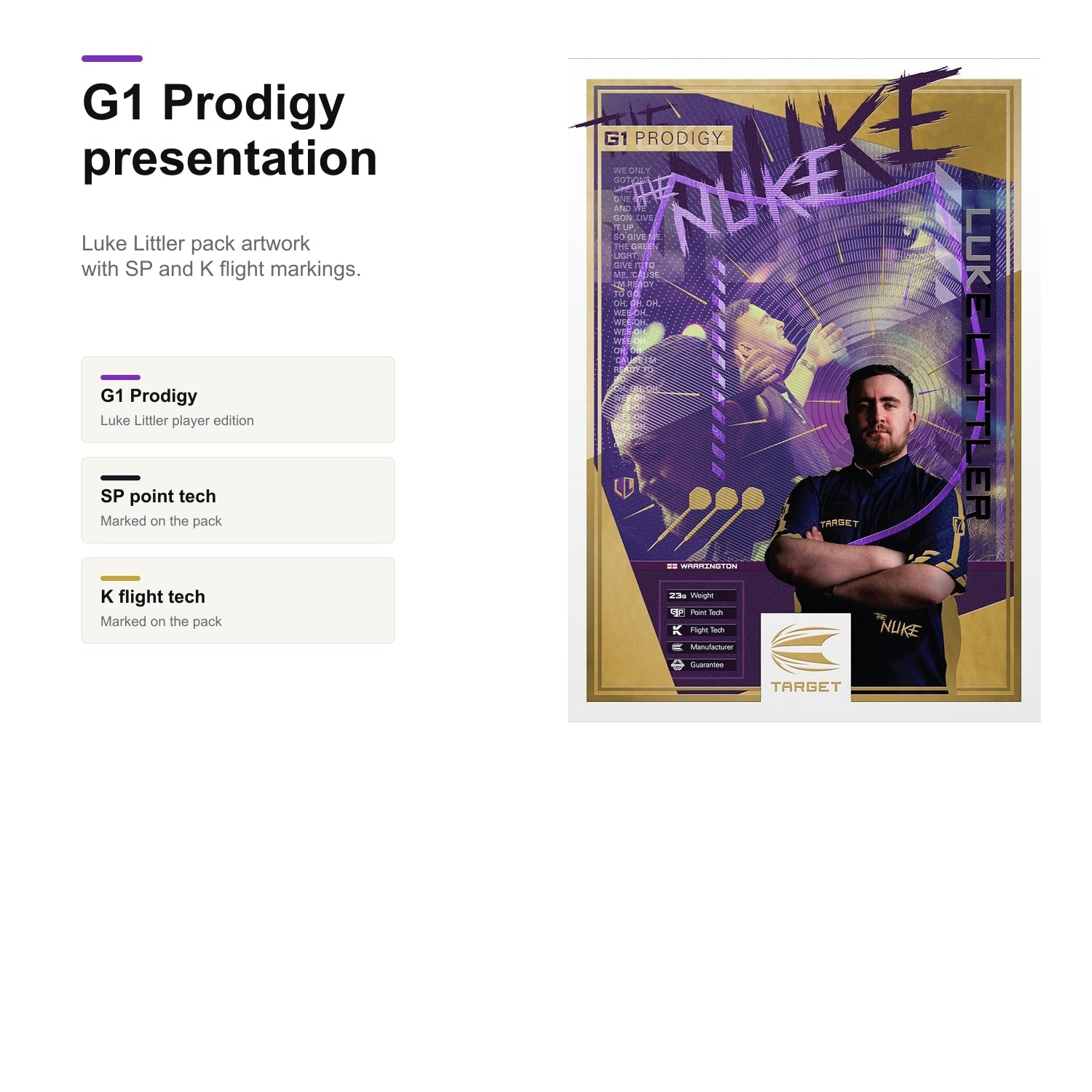 Target Luke Littler G1 Prodigy 95% SP darts G1 Prodigy presentation image