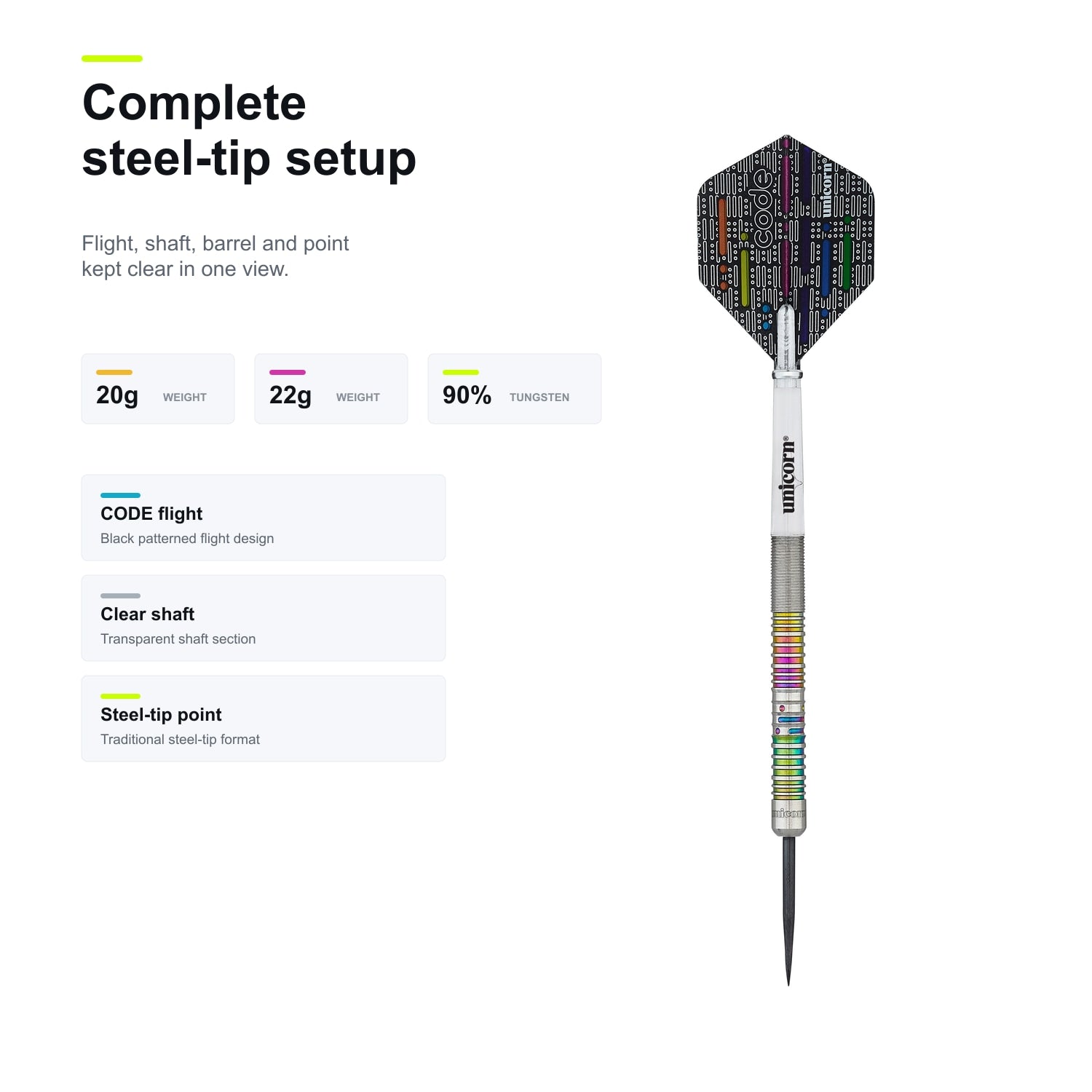 Unicorn CODE James Wade darts 90% - complete steel-tip setup