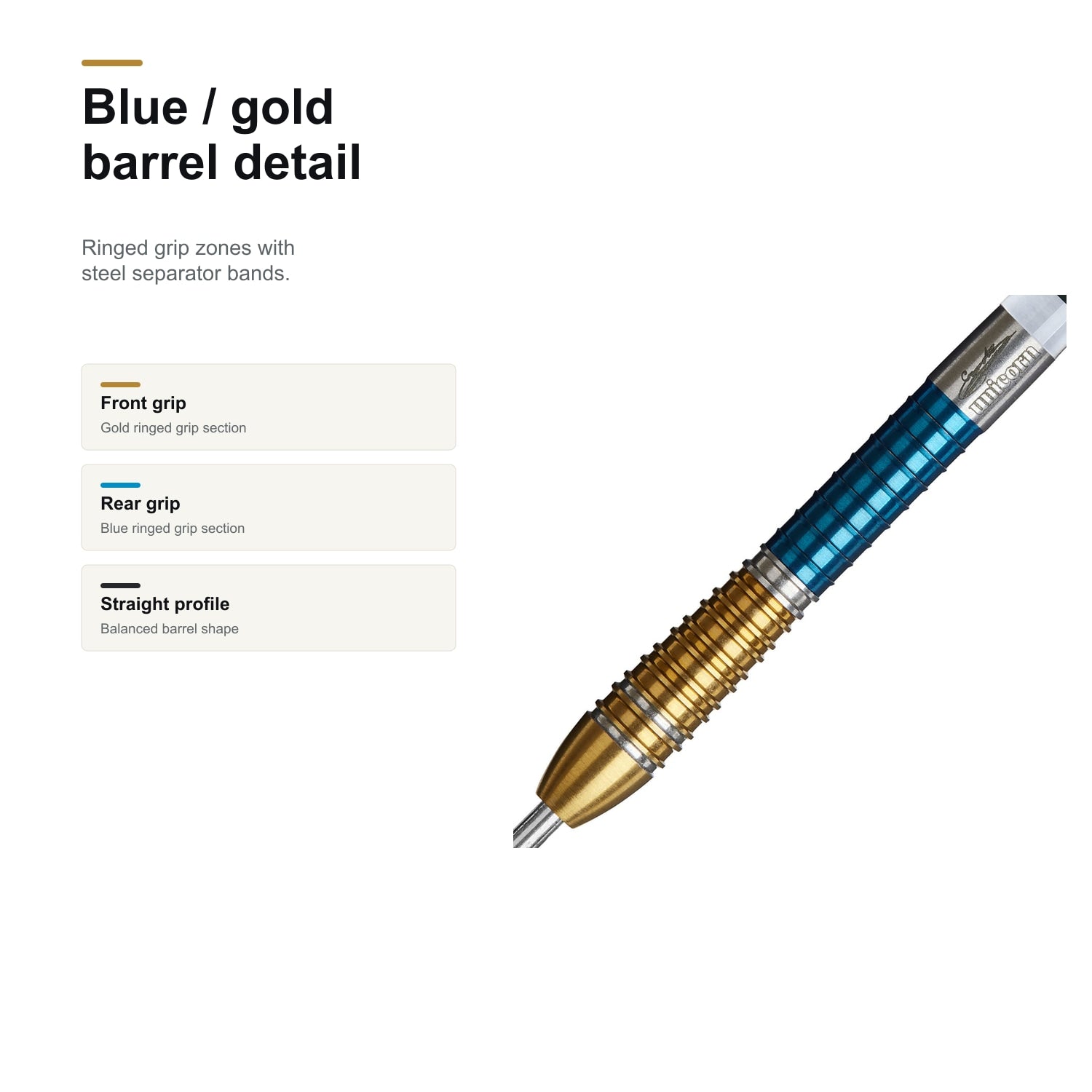 Unicorn Gary Anderson Duo Phase 6 90% blue and gold barrel detail