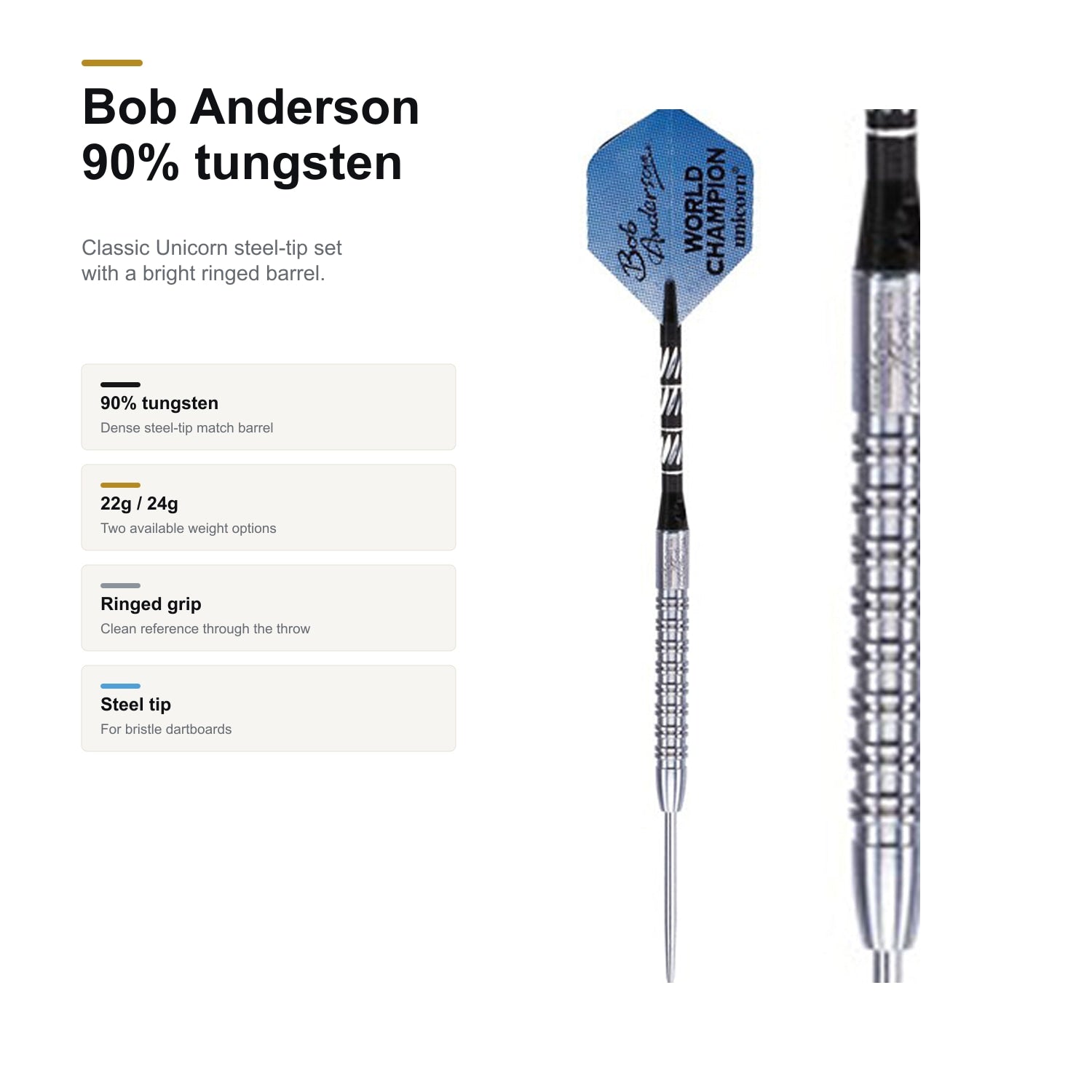 Unicorn W.C Bob Anderson 90% tungsten steel tip darts feature image