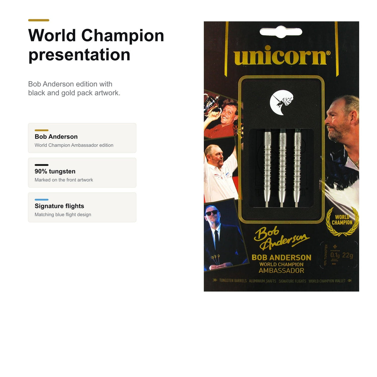 Unicorn W.C Bob Anderson 90% darts World Champion presentation image