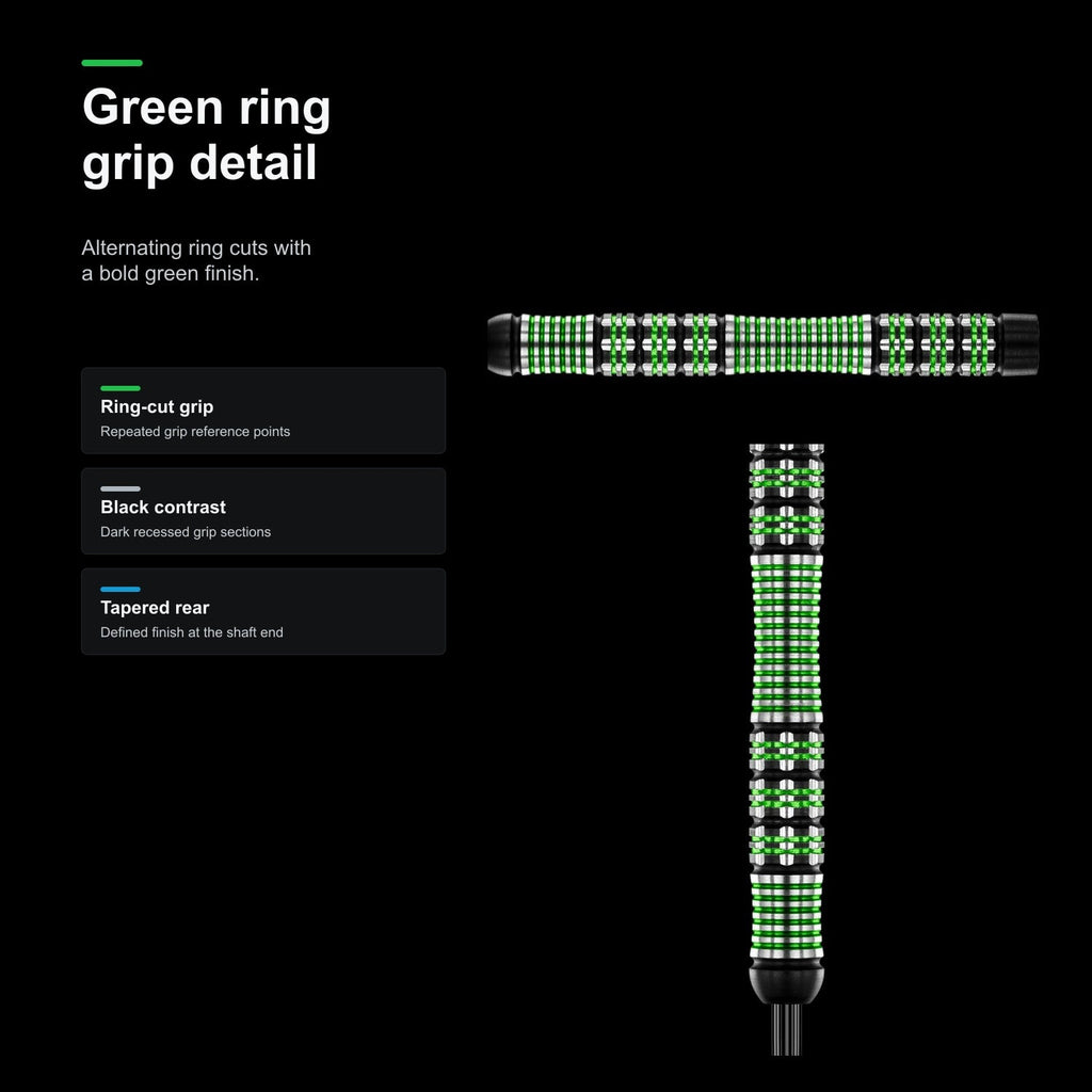 Winmau Brendan Dolan 90% Darts - green ring grip detail
