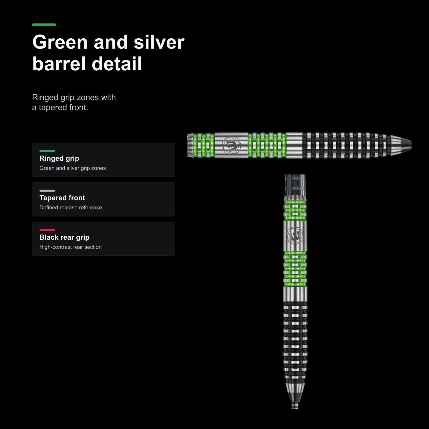 Winmau Daryl Gurney 90% Tungsten alloy darts - green and silver barrel detail