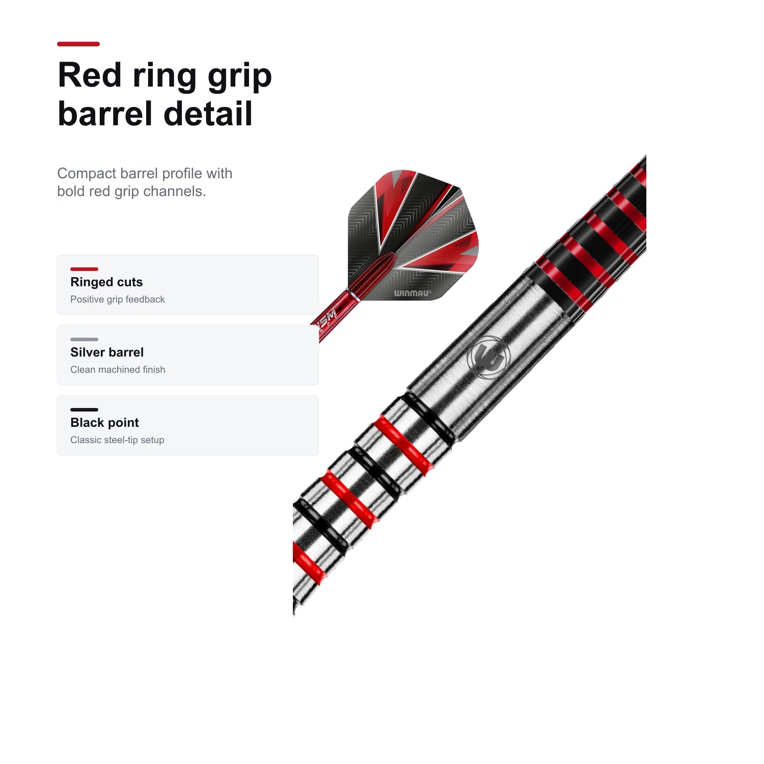WINMAU Dennis Priestley Signature Series red ring grip barrel detail