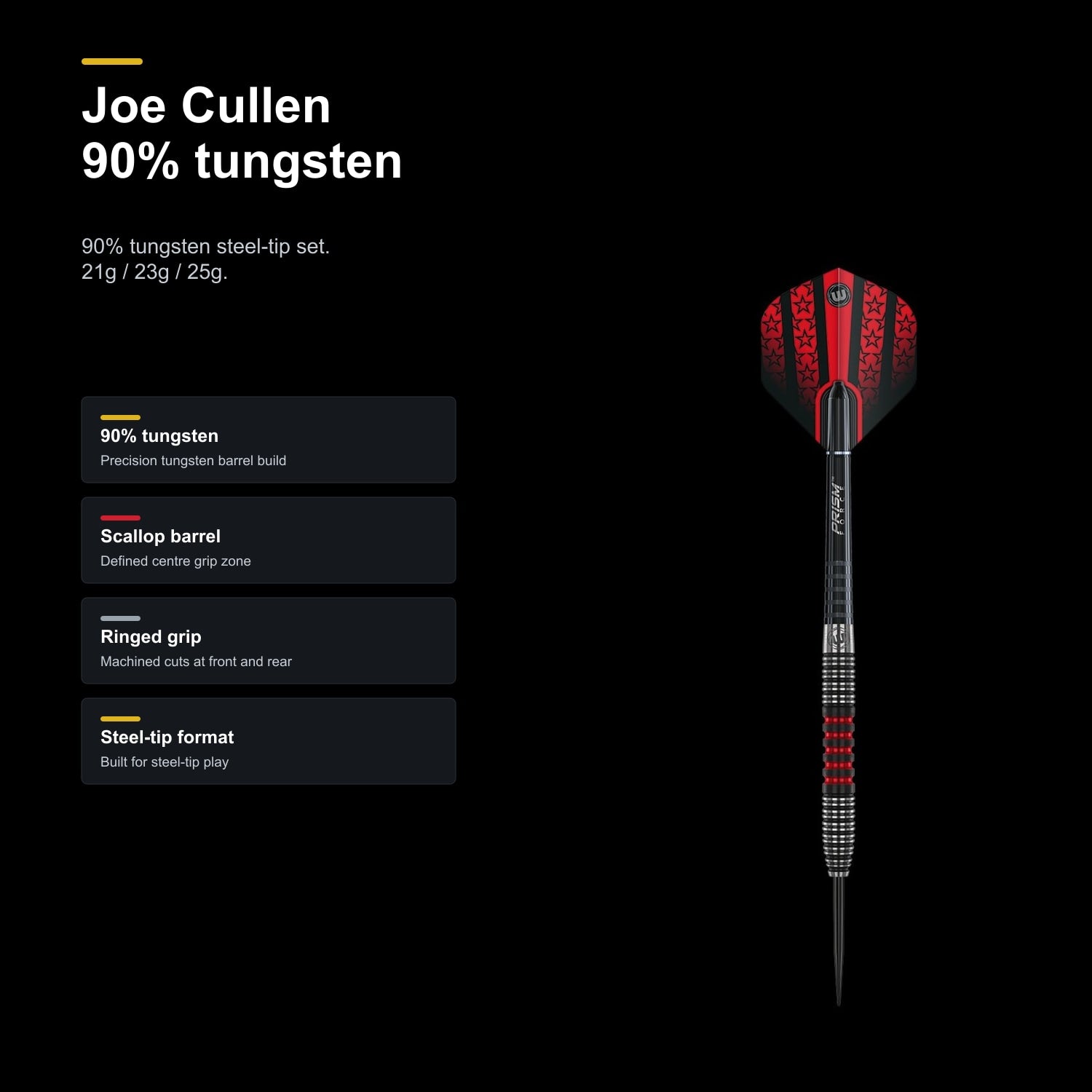 Winmau Joe Cullen 90% Tungsten alloy Steeltip darts product profile