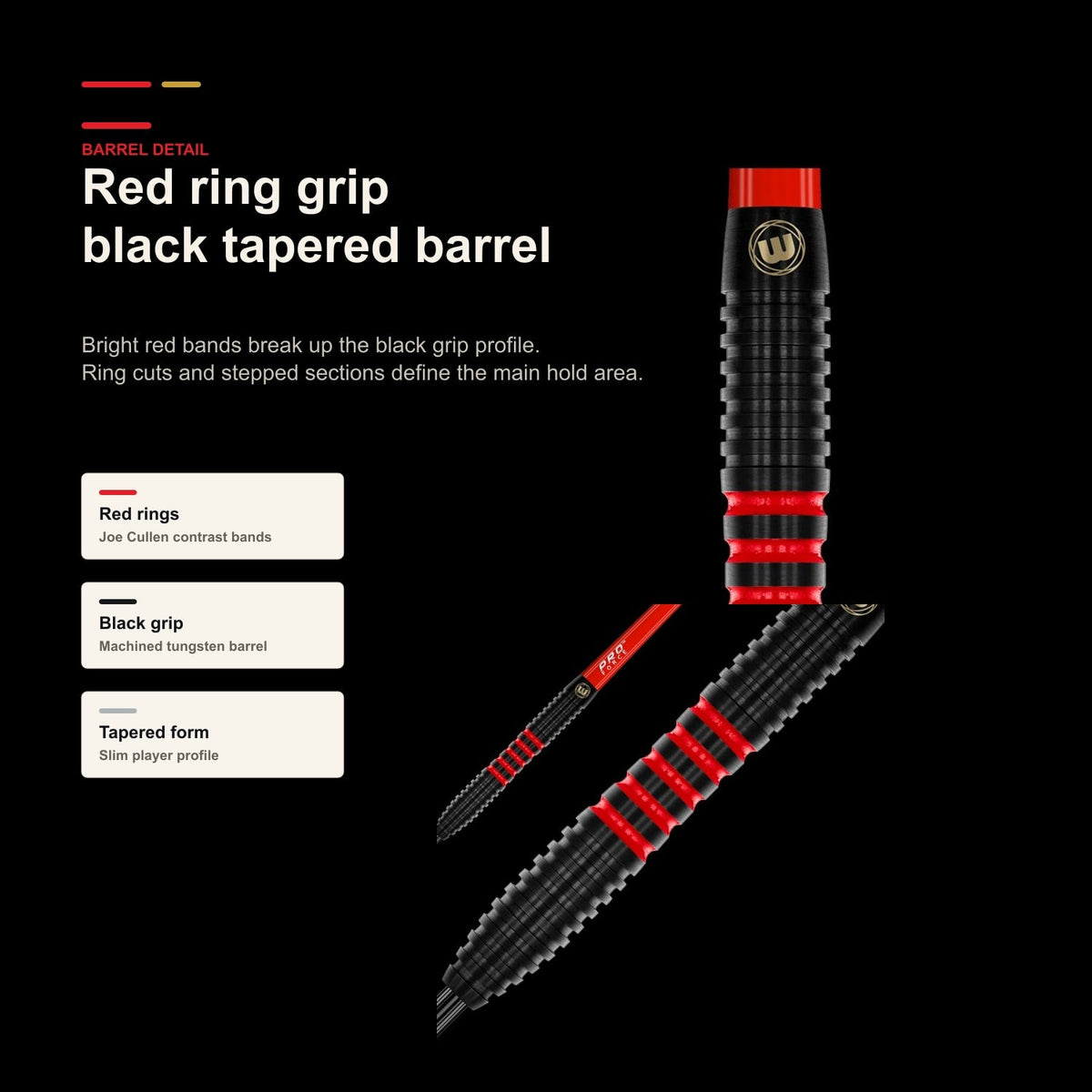 Winmau Joe Cullen Pro-Series 85% red ring barrel detail