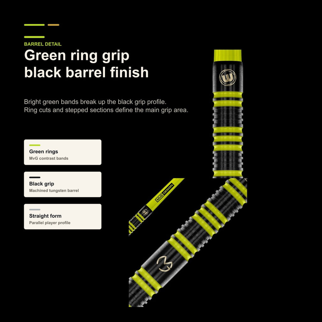 Winmau MvG Pro Series 85% green ring barrel detail