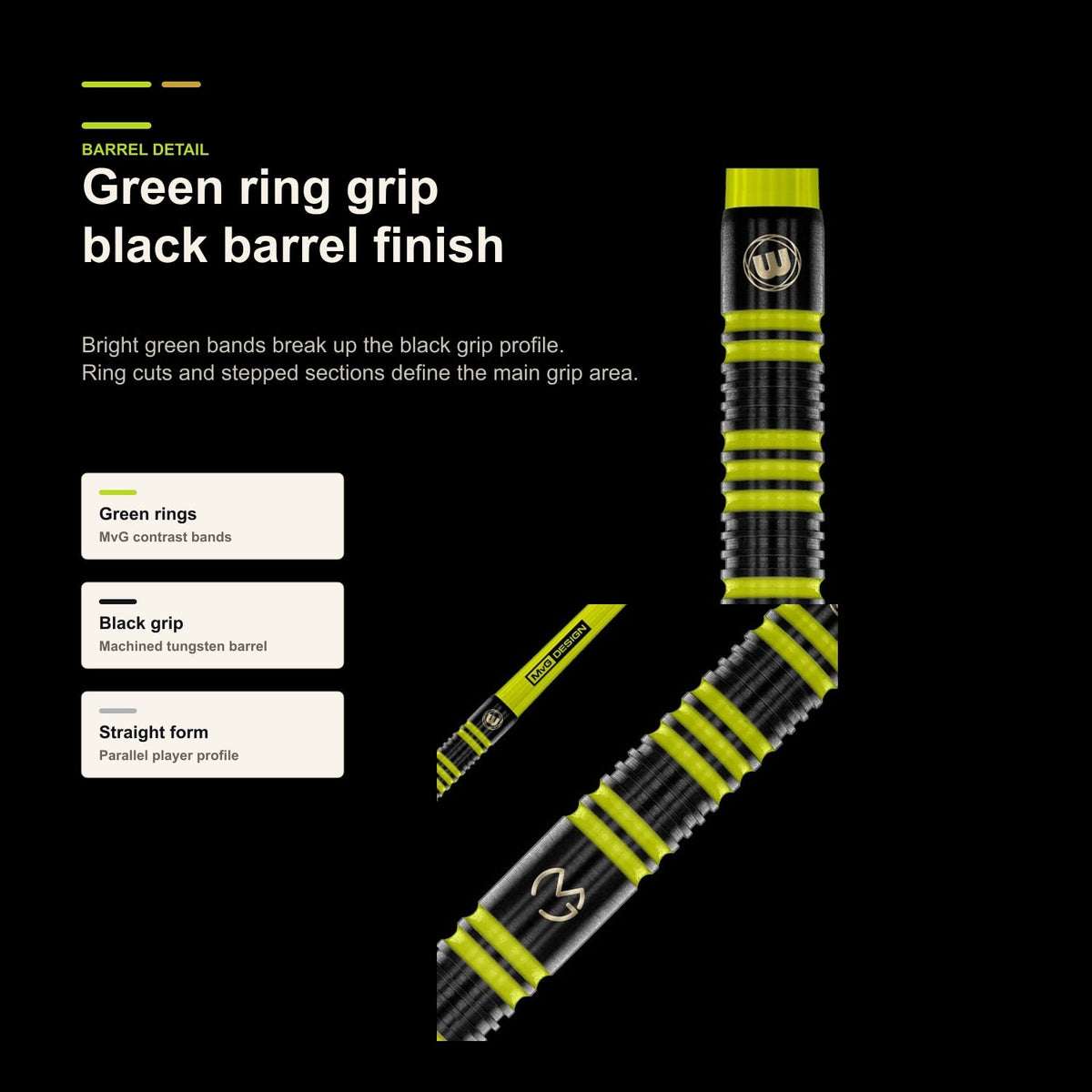 Winmau MvG Pro Series 85% green ring barrel detail