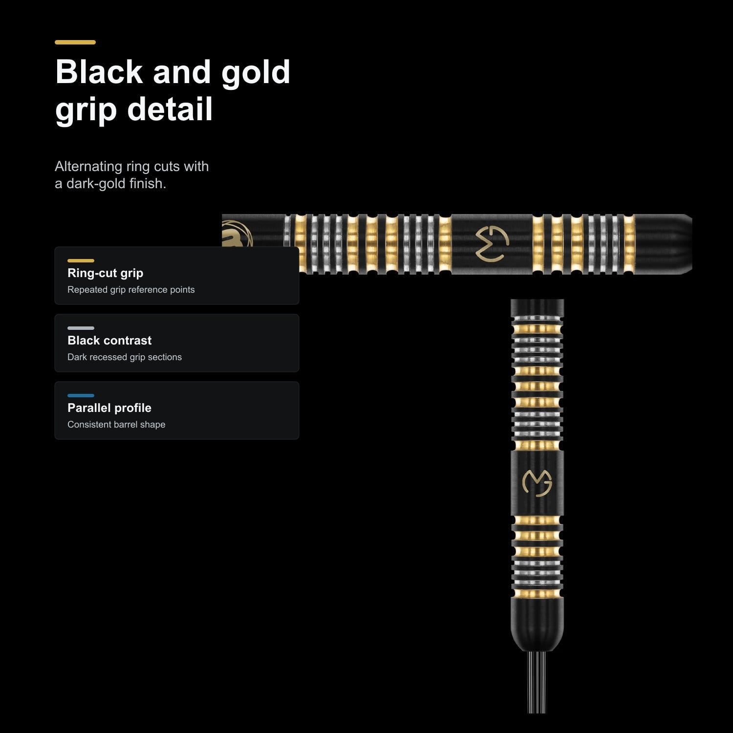 Winmau MvG Trilogy 90% black and gold grip detail image