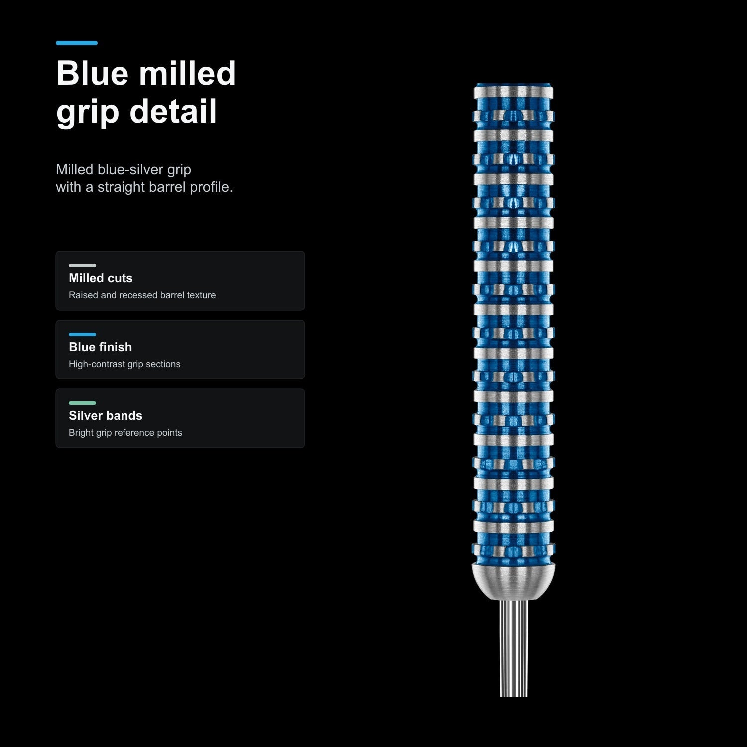 Winmau Poseidon 90% tungsten darts blue milled grip detail