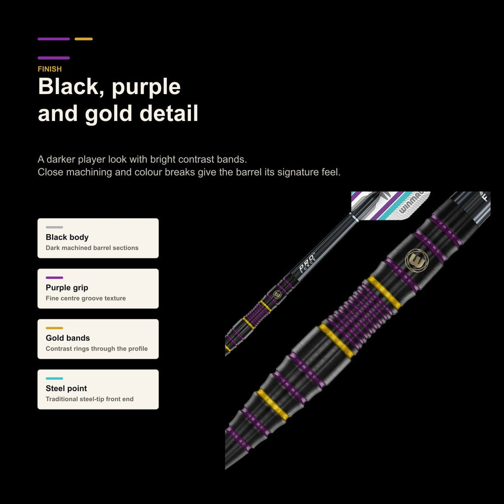 Winmau Simon Whitlock Pro Series 85% black purple and gold finish detail