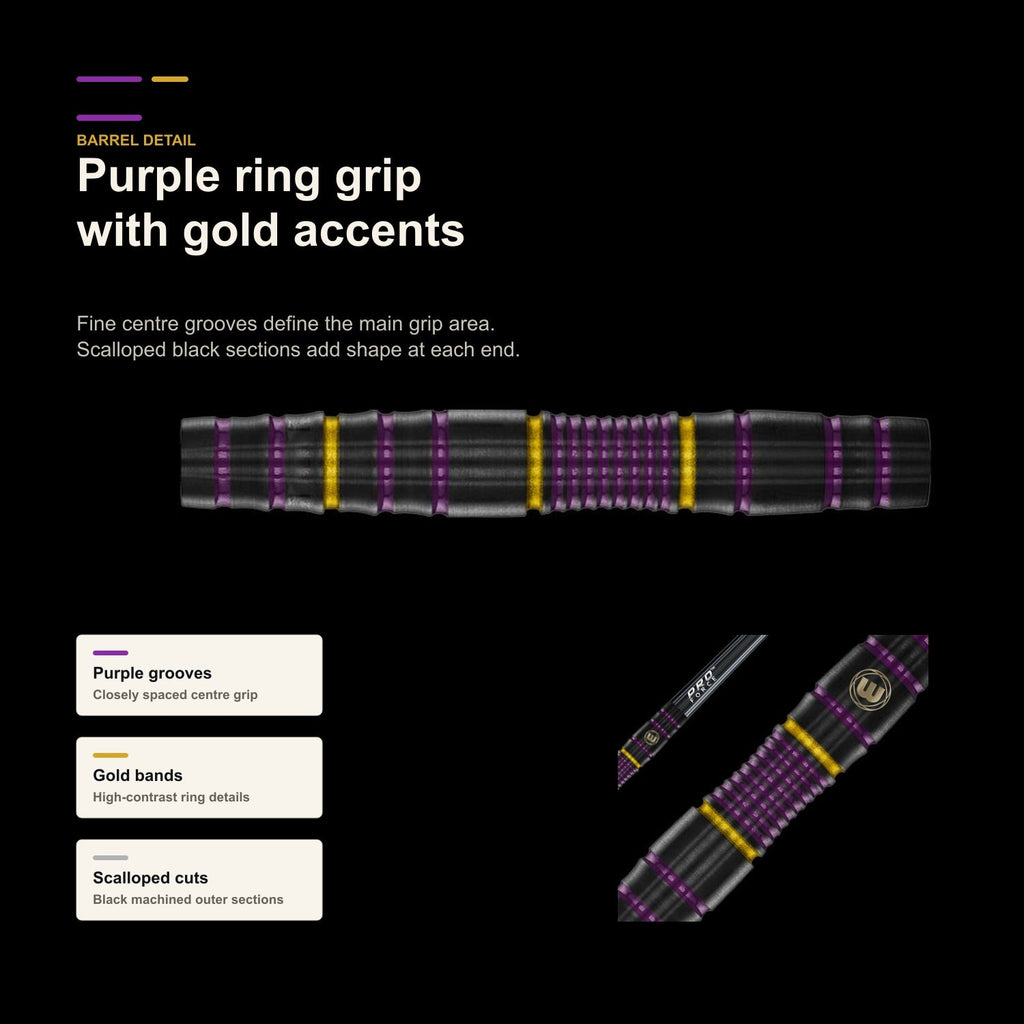 Winmau Simon Whitlock Pro Series 85% Range Softip purple ring barrel detail